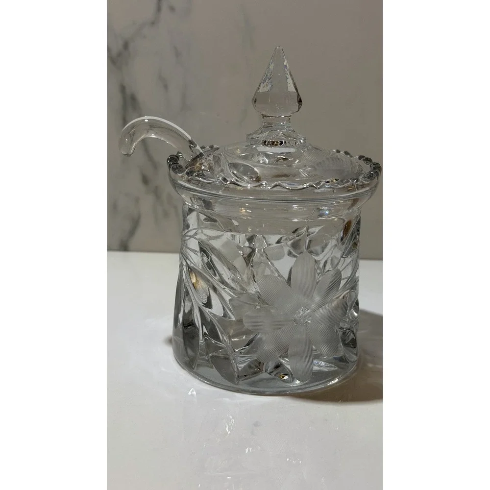 Vintage Crystal Lidded Sugar Bowl with Glass Spoon
